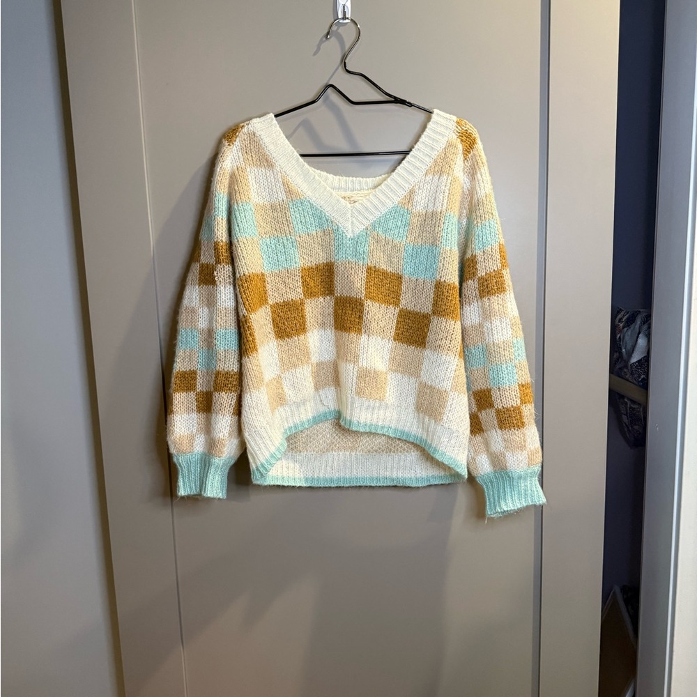 Altar'd State Off-the-Shoulder Plaid Sweater - Cream, Brown, and Blue
